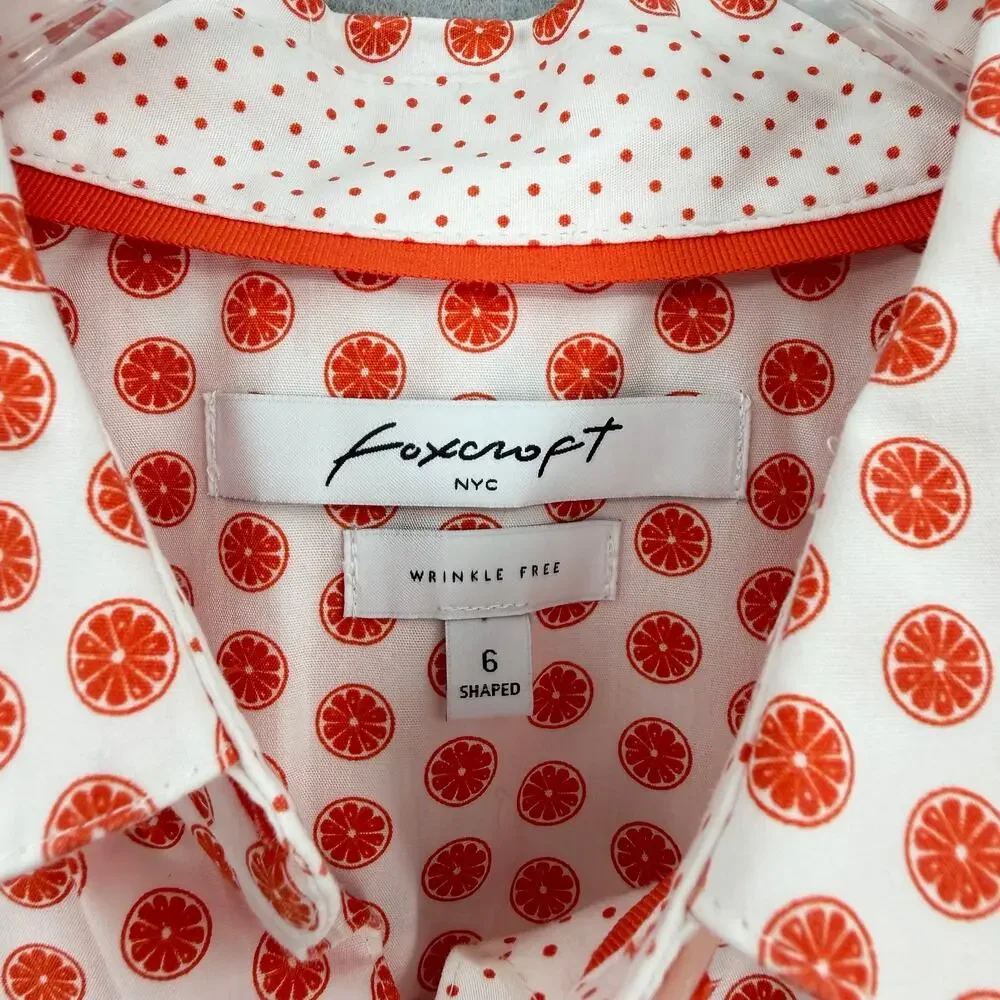 Foxcroft White Orange Citrus Structured Collared Button Up Preppy Blouse Top